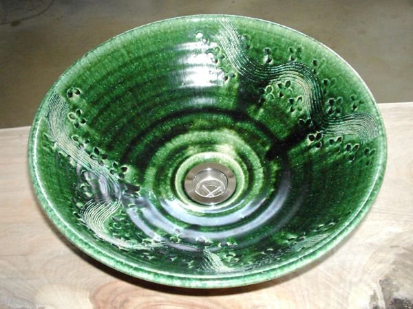 真山窯 陶芸手洗い鉢 織部彫刻 ３１ｃｍ 中 廣美陶房
