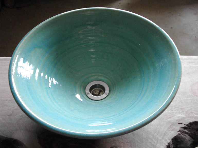真山窯 陶芸手洗い鉢 ブルーガラス ３１ｃｍ 中 廣美陶房